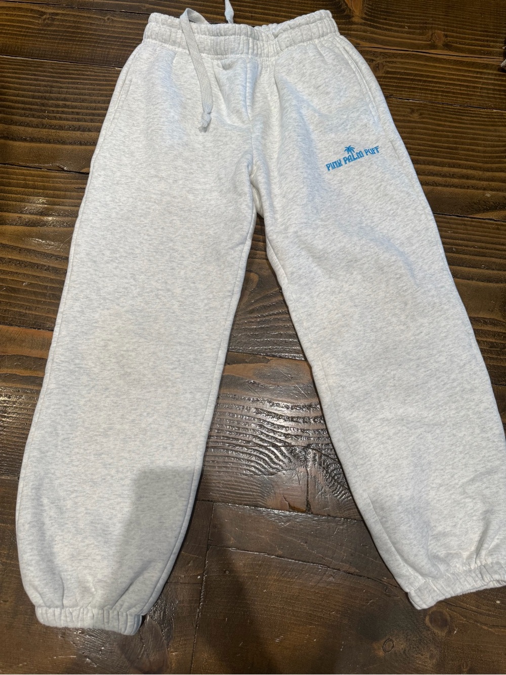 Pink Palm Puff Light Gray Fleece Sweatpants with Blue Logo